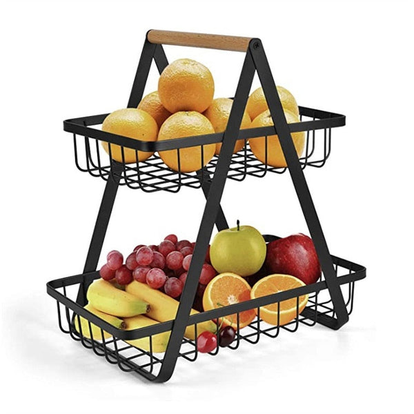 Modern Fruit Bowl with 2 Baskets and Wooden Handle