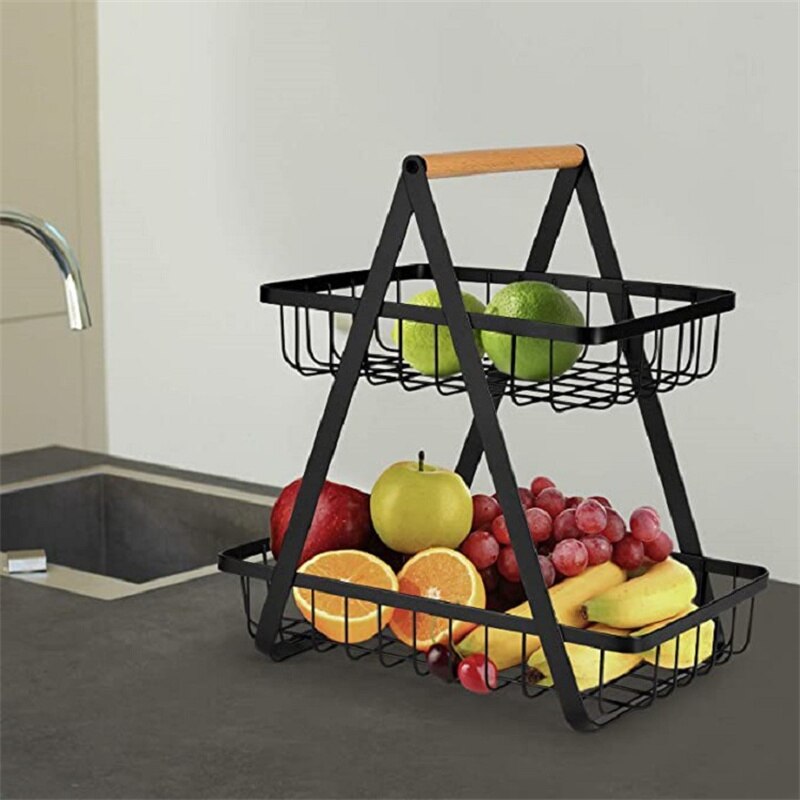 Modern Fruit Bowl with 2 Baskets and Wooden Handle